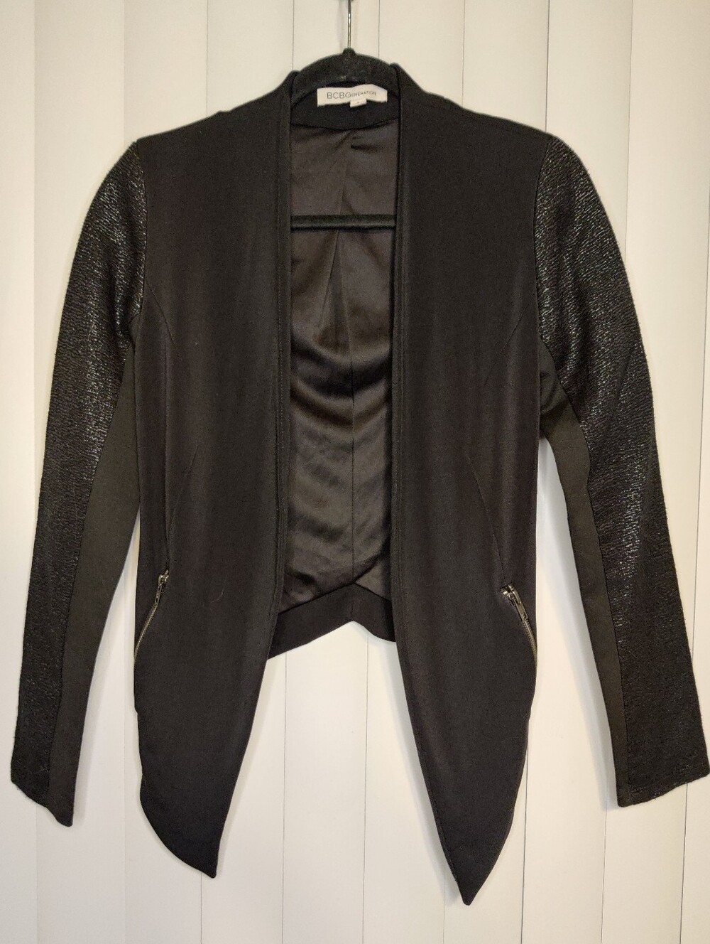 BCBGeneration Black Open-Front Draped Blazer with Textured Sparkle Sleeves